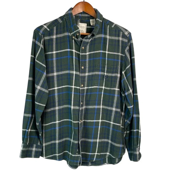 CHAPS Mens Plaid Flannel Button Down Shirt Green Navy Long Sleeve Pocket Logo L - Picture 2 of 14